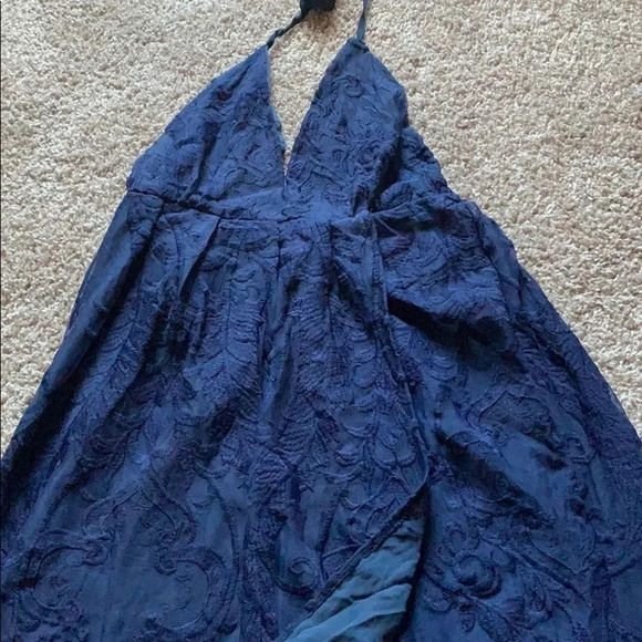 Navy Blue Brocade Halter Maxi Wrap Dress - Picture 3 of 11